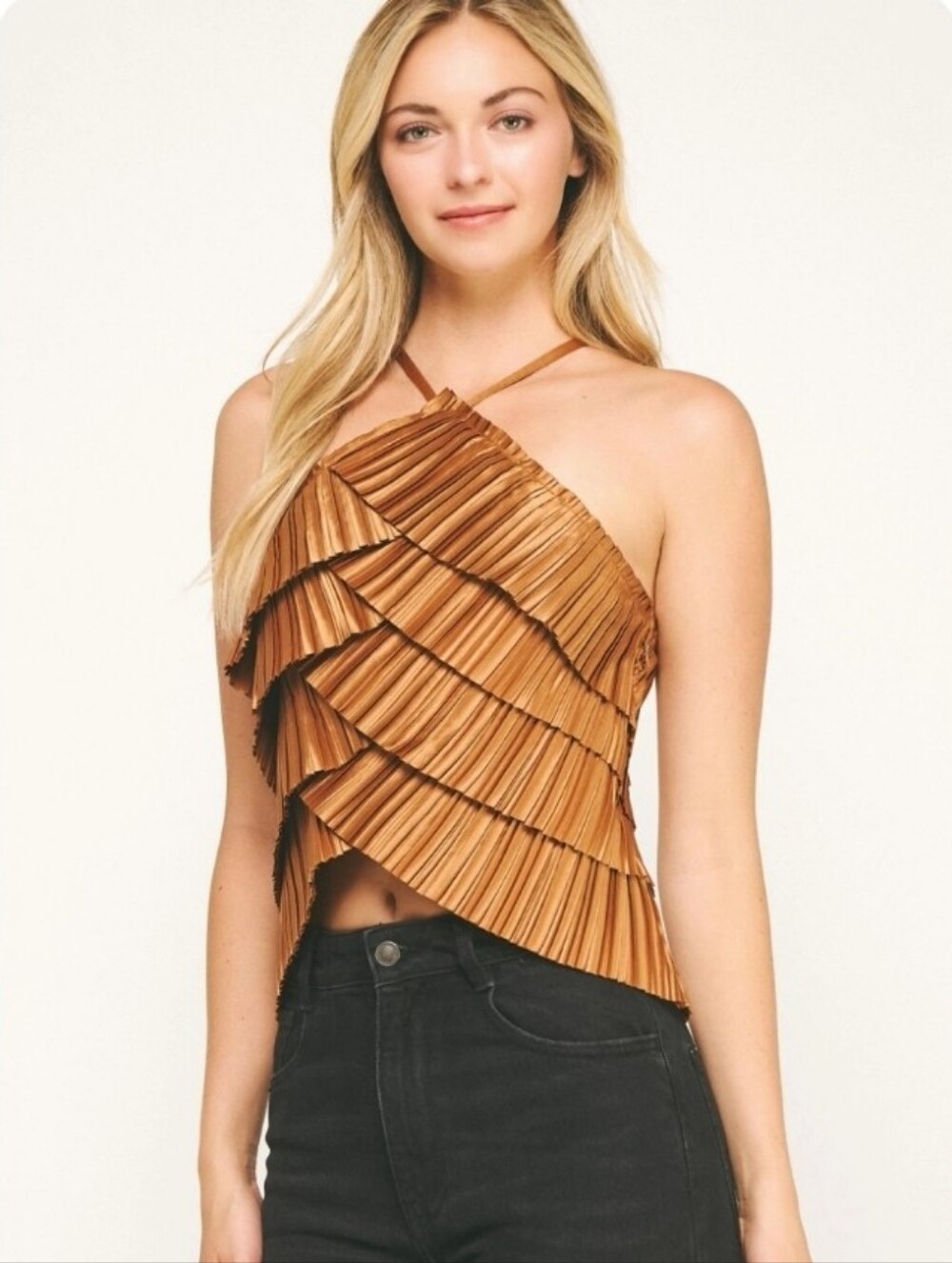 Copper Pleated Ruffle Halter Camisole